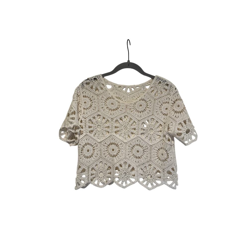White Crochet Short Sleeve Crop Top Sz M Unbranded - Picture 2 of 6